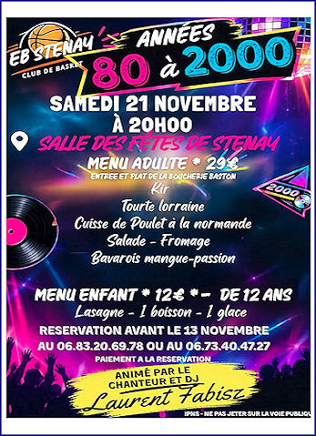 Soirée années 80-2000 organisée par le club de basket le samedi 21 novembre à la salle des fêtes de Stenay